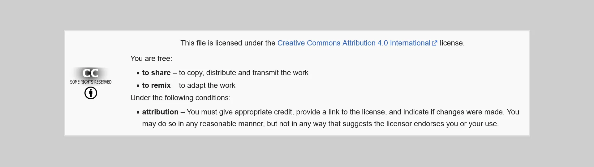 A screenshot of the Creative Commons Attribution 4.0 International license (CC BY 4.0) template from Wikimedia Commons. This license is one of the free content license that authors can choose. The template is used to indicate files that are licensed with the license. (CC BY-SA 3.0)
