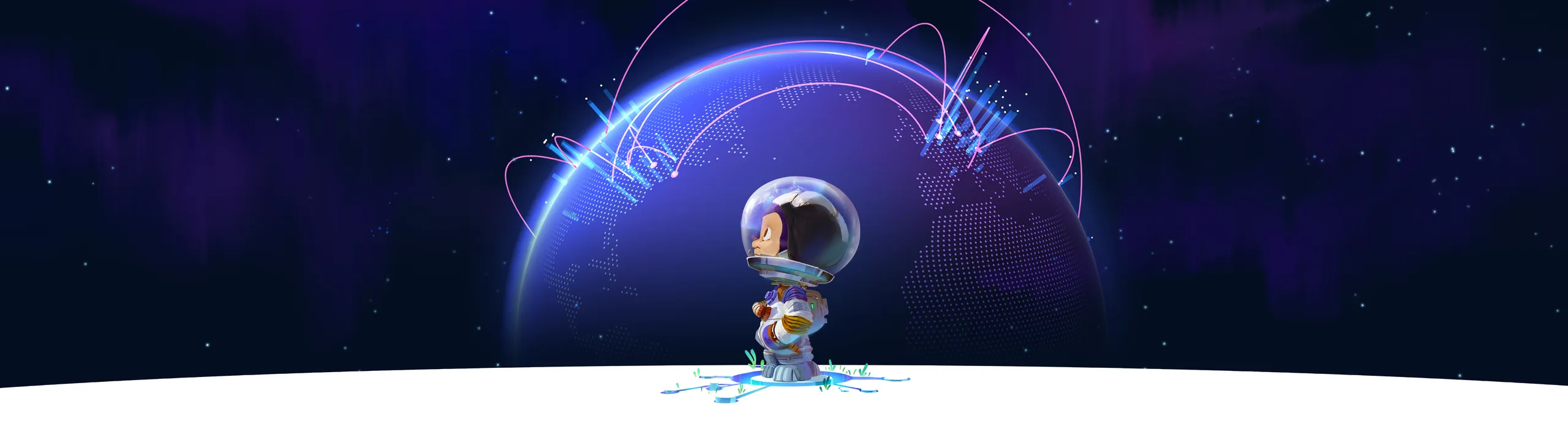 Ilustration showing Mona staring on the side, with the globe with GitHub activity behind her. (GitHub)